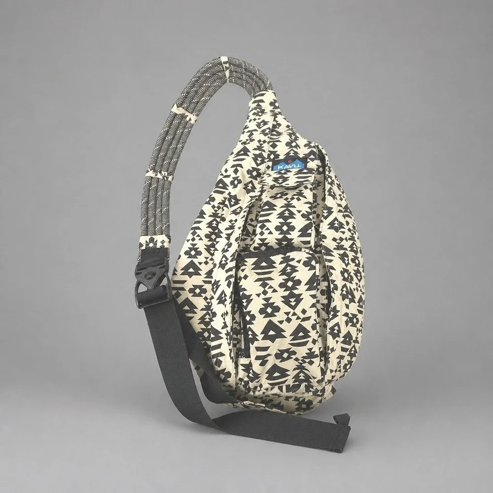 KAVU Rope Bag Sling Backpack Cream Black Geometric Tribal Print Canvas OS‎